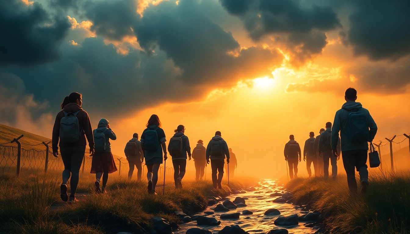 Diverse travelers embark on an exodus journey through a mystical landscape, illuminated by golden sunlight.