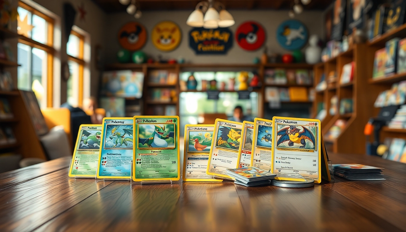 Showcase a collection of real Pokémon cards on a wooden table, highlighting their vibrant designs.