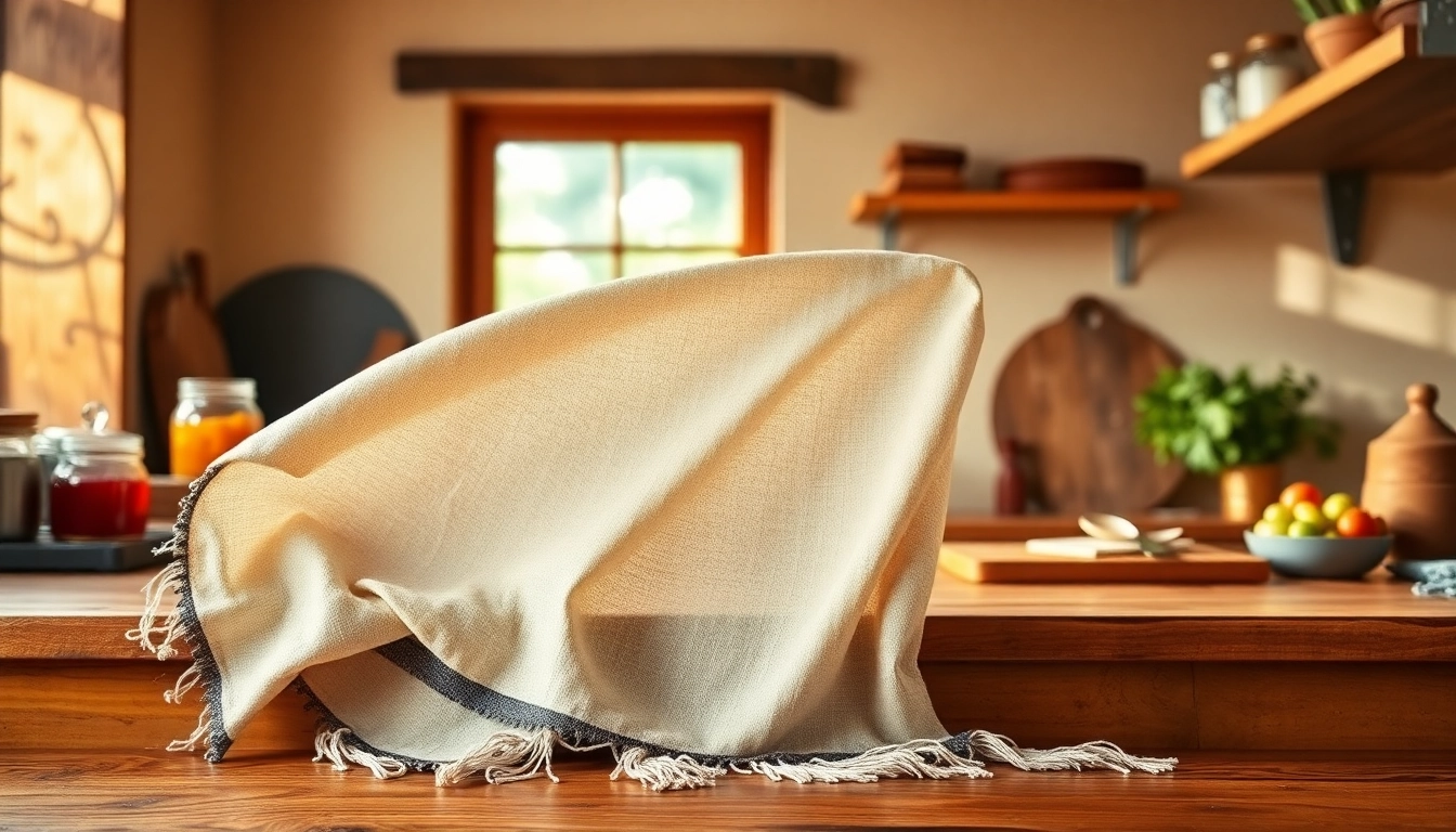 Kaasdoek uitgestald over een houten werkblad met een warme, huiselijke sfeer.