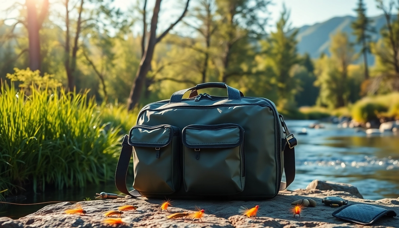 Showcase of a fly fishing bag with unique features in a natural outdoor setting